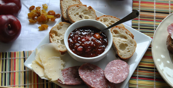 Asian Plum Chutney with bread, cheese and sausage