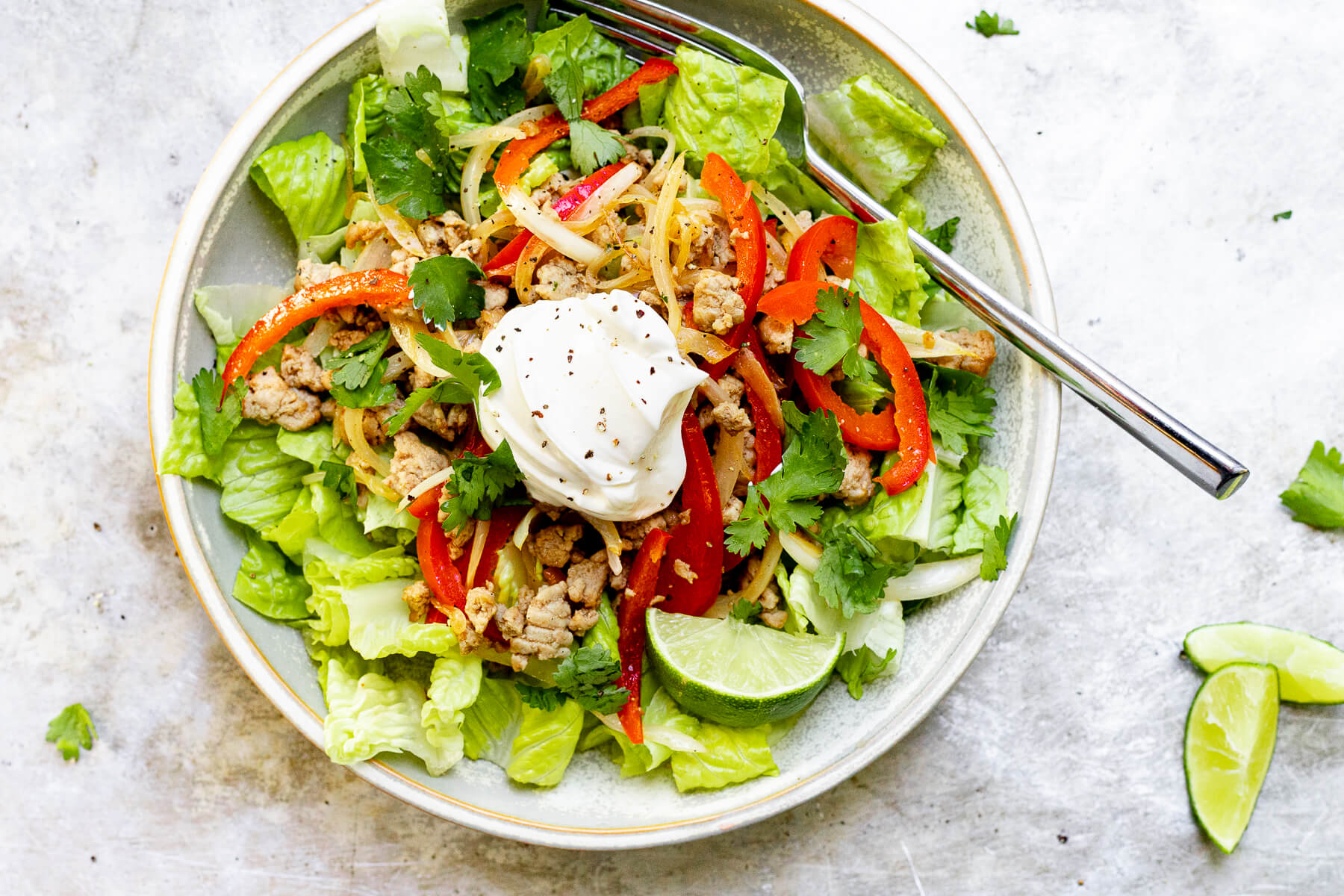 Onion and Turkey Lime Taco Salad on white background